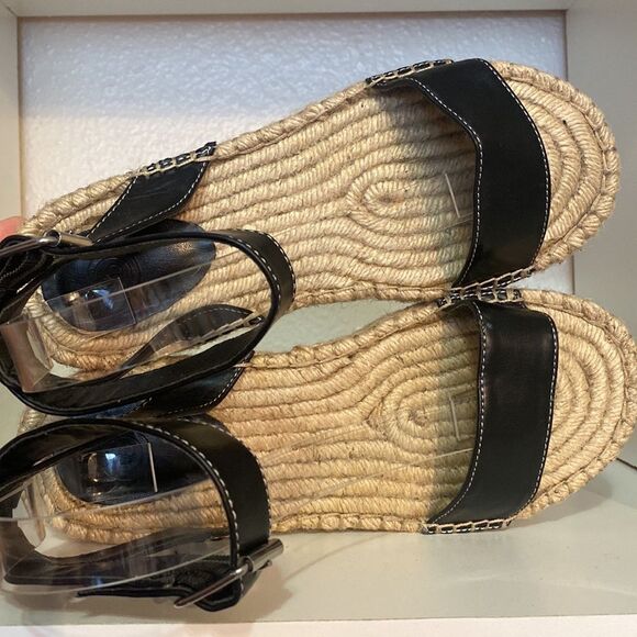 Urban Outfitters Black Leather Espadrille Sandals Ankle Strap Jute Sole Summer - Picture 11 of 14